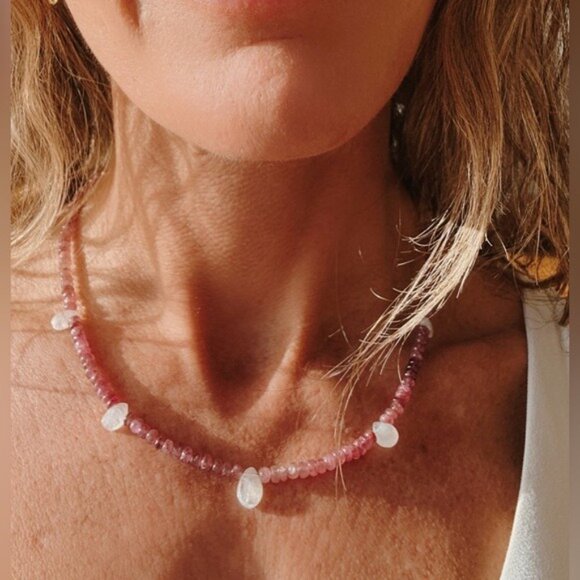 Gorgeous Pink Tourmaline & Moonstone Necklace Unique Handmade Necklace Beautiful - Picture 9 of 14